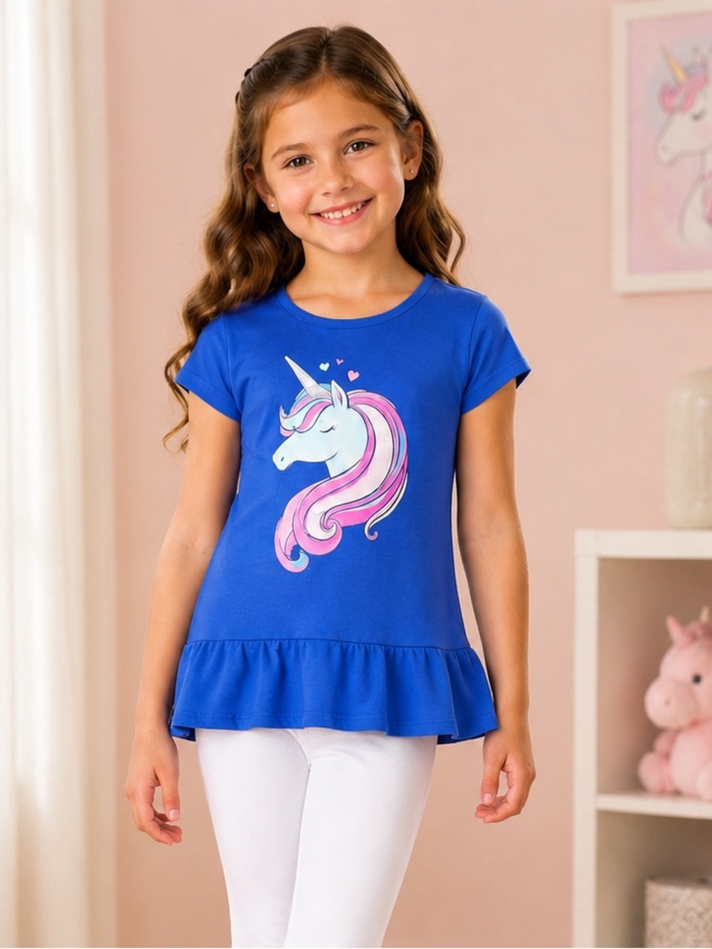Jumping Beans Blue Unicorn Print Softest Tee Short Sleeve Girl Top 7